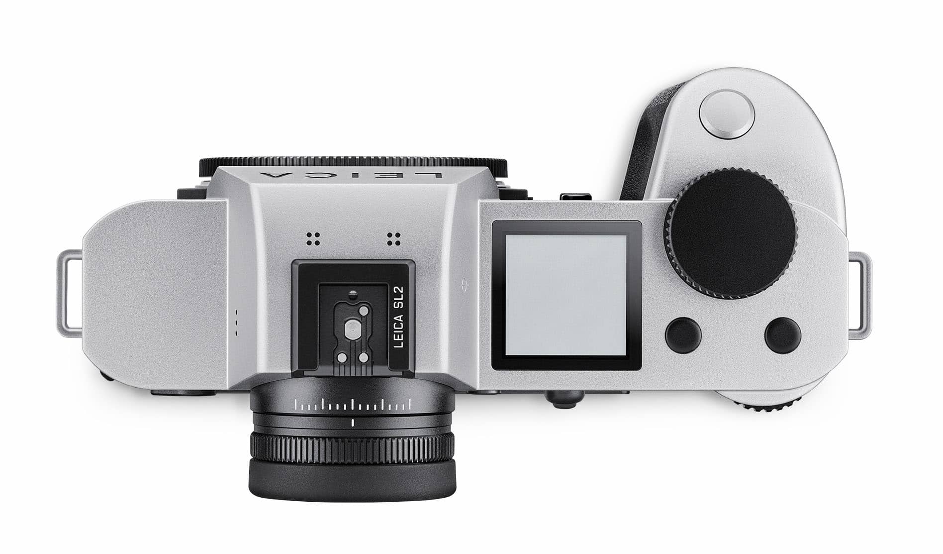 Blick auf die Leica SL2 in silberner Ausführung von oben. Bild: Leica