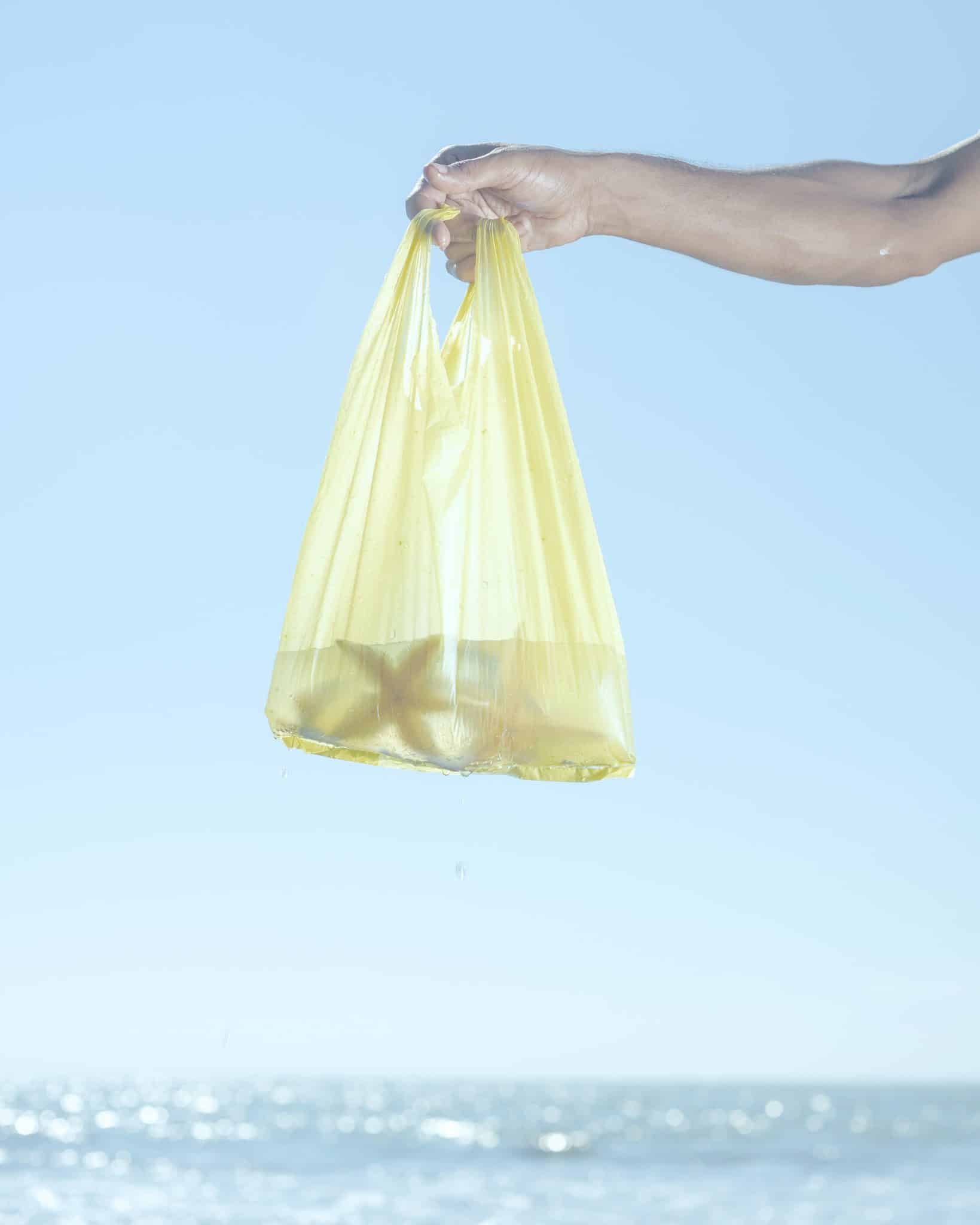 Gelbe Plastiktüte wird von einer Hand vor dem Meer hochgehalten. Darin sind Seesterne zu sehen.