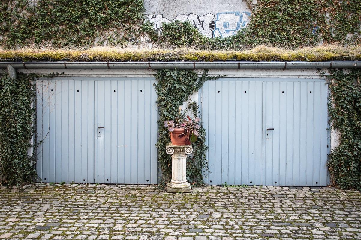 Ein Blumentopf zwischen überwachsenen Garagentoren