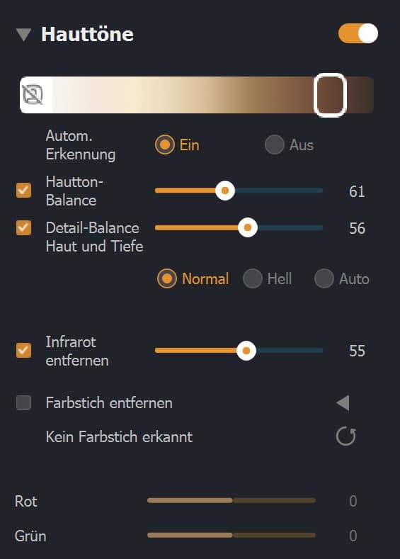 Screenshot Radiant Photo Hautton-Reiter mit aktivierter "Balance Haut und Tiefe"