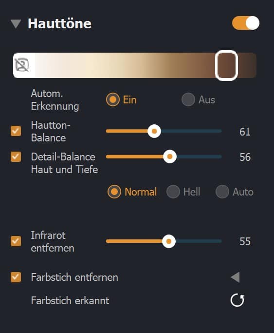 Screenshot Radiant Photo Hautton-Reiter mit aktiviertem "Farbstich entfernen"