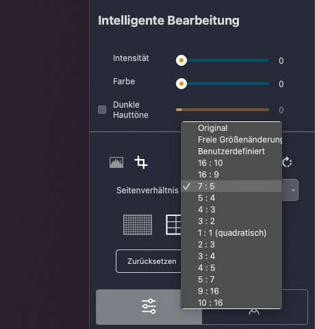 Screenshot Liste der Zuschnittformate in Radiant Photo
