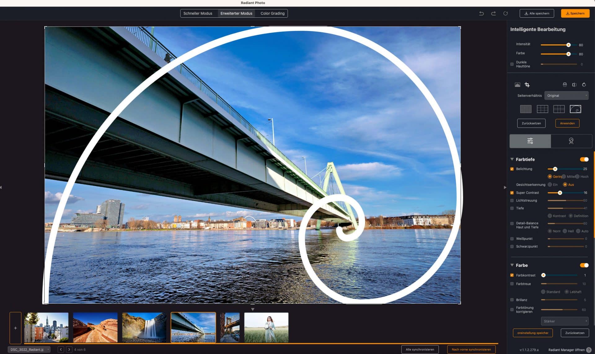 Architekturaufnahme geöffnet in Radiant Photo mit Fibonacci-Spirale-Raster