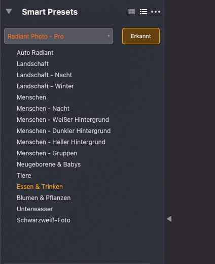 Radiant Photo Screenshot mit Smart Preset "Essen & Trinken" ausgewählt