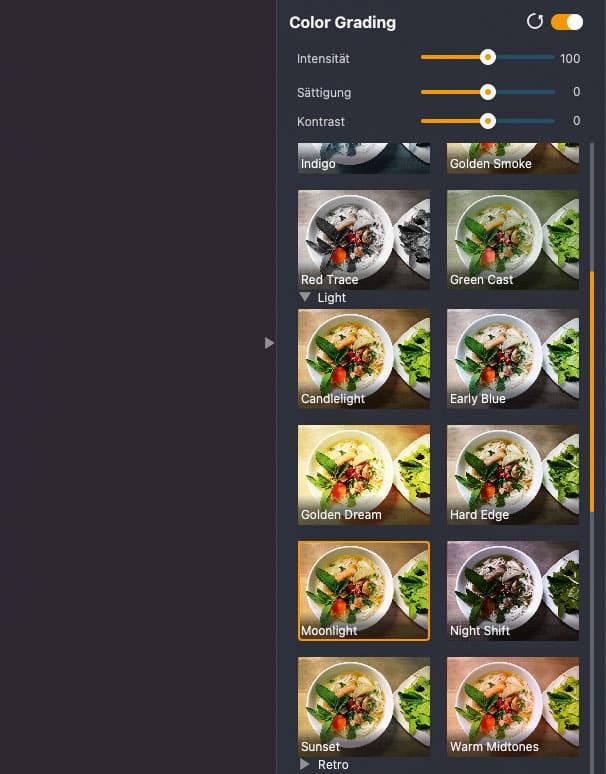 Radiant Photo „Color Grading“ Schaltfläche mit Looks