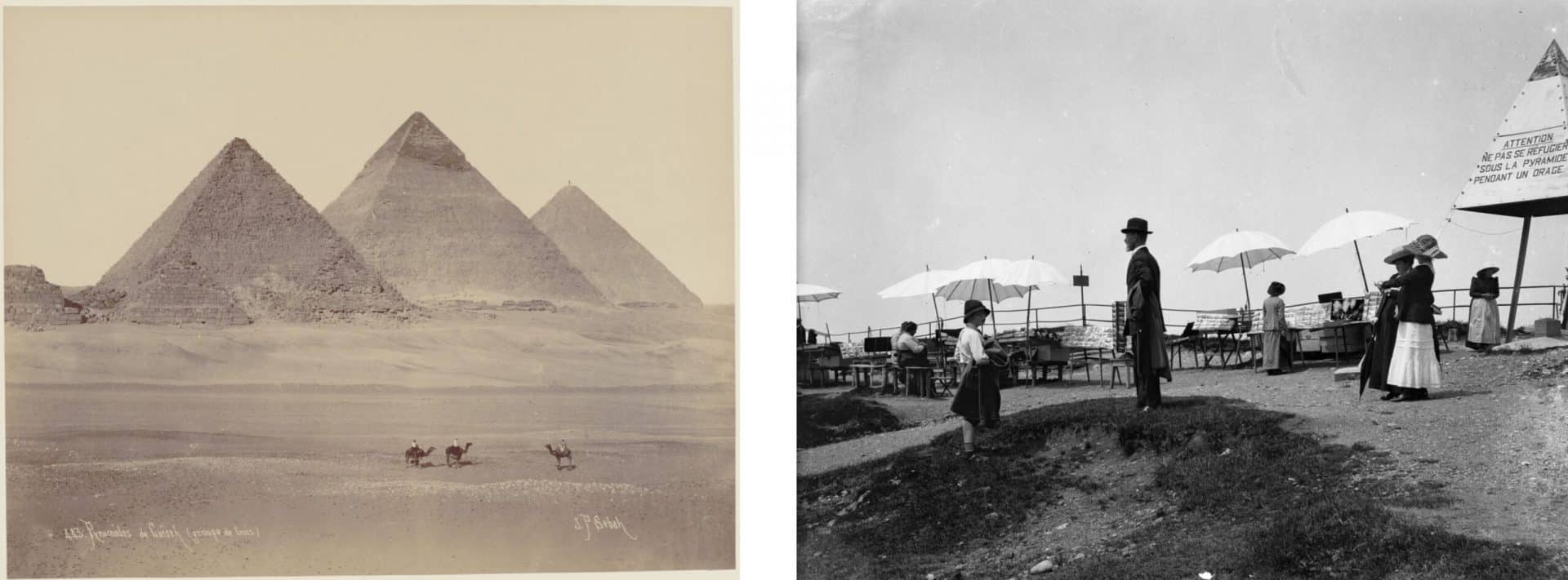 Abb. links: J. Pascal Sébah, Blick von Süden auf die Pyramiden von Gizeh, um 1880, Albuminabzug © Sammlung Museum für Photographie Braunschweig / Depositum Stadtarchiv Braunschweig; Abb. rechts: Käthe Buchler, Walther Buchler senior mit seinem Sohn Walther in Frankreich, ca. 1910 © Nachlass/Estate Käthe Buchler – Sammlung Museum für Photographie Braunschweig / Depositum Stadtarchiv Braunschweig