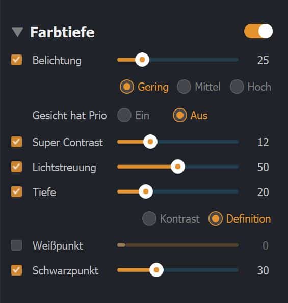 Der nächste Hebel für einen sanfteren Bildlook ist der Schwarzpunkt. Durch ein Erhöhen des Werts werden die Schatten im Bild aufgehellt (ein Abdunkeln gibt es leider nicht bei Farbtiefe, aber in unserem Fall ist Aufhellen alles, was wir brauchen).